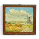 Roser, 20th century, Oil on board, A North German landscape with a windmill and hay stooks by a