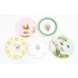 Five assorted hand painted plates depicting flowers, birds, etc, makers to include Royal Crown