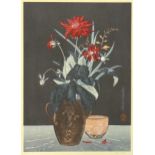 Yoshijiro Urushibara (1888-1953), Japanese School, Woodblock print, Carnations in a Black Vase.