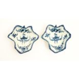 Two Worcester blue and white pickle leaf dishes decorated in the Vine pattern. Both bearing crescent