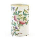 A Chinese famille rose peach brush pot, decorated with peaches, blossom and bats. Approx. 4 3/4"