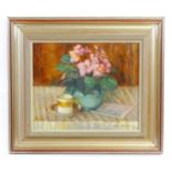 Mary Remington (1910-2003), Oil on board, A still life study in pinks and greens with flowers and