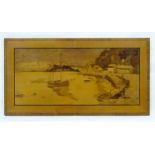 A 20thC Rowley Gallery style marquetry panel depicting a harbour scene with moored boats. Approx.