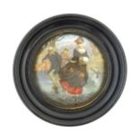 A Prattware pot lid depicting figures ice skating. Approx. 4 1/4" diameter Please Note - we do not