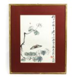 20th century, Chinese School, Woodblock print by Rong Bar Zhai, A butterfly and insect with