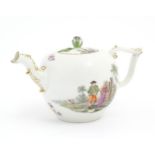 A Meissen teapot decorated with pastoral scenes with figures in a rural landscape. The spout