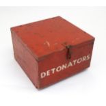 A 20thC industrial case, of plywood construction with red painted finish, the fall front marked '