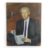 20th century, Oil on canvas, A portrait of a seated man holding a book. Stamped verso 'From the