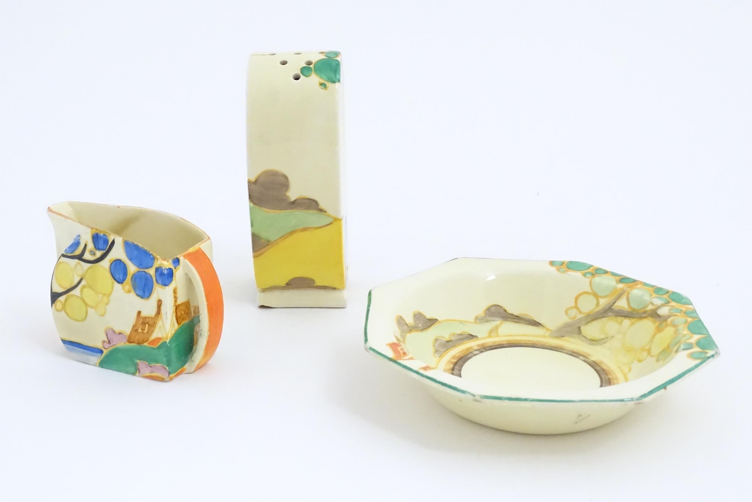 Three items of Clarice Cliff pottery decorated in the Secrets pattern comprising, milk jug, bowl - Image 3 of 11
