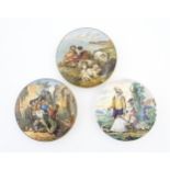 Three Prattware pot lids comprising The Wolf and the Lamb, Peace, and a courting couple on a hunting