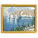 20th century, Oil on canvas laid on board, A view of Dubrovnik, Croatia. Indistinctly signed lower