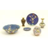 Six items of 20thC Chinese cloisonne wares to include a vases, plate, ginger jar, bowl, etc.