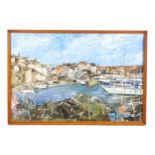 Joy Day, 20th century, Cornish School, Oil on board, Mevagissey, Cornwall, A view of boats in the
