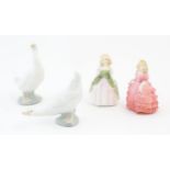 Two Royal Doulton model of girls comprising Rose HN1362 and Penny HN2338, and two Nao geese.
