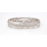 An oval cut glass dressing table jar with embossed silver lid, hallmarked Birmingham 1908, maker