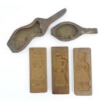 Five 19thC and later biscuit / shortbread moulds decoration to include fish, vase, figures, etc.