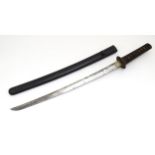 A Shinshinto-era Japanese wakizashi short sword, the 19 1/2" steel blade with single edge, the