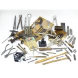 A quantity of clock / watchmakers tools etc. to include gauges, pliers, clamps, files, etc., a knife
