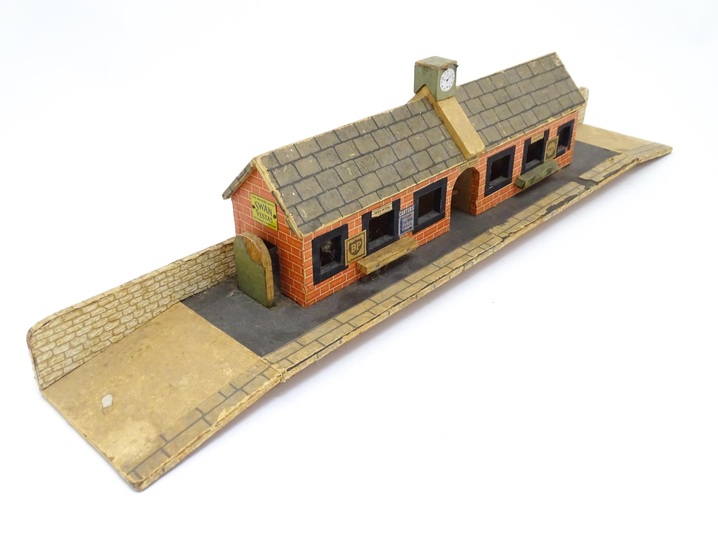 Toys: A 20thC scratch built wooden model railway station / platform with various adverts for - Bild 7 aus 10