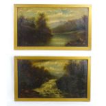 19th century, Oil on canvas, A pair of wooded river landscape scenes, one with a waterfall.