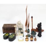 A quantity of miscellaneous items to include three novelty models of frogs, a carving of stylised