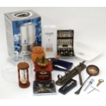 A quantity of assorted kitchen items to include coffee grinder, AGA baking dish, garlic pot, various