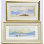 Two 20thC watercolours, one depicting cattle watering with mountains beyond, the other depicting