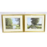 Two pastel landscapes by Don Kinrade, one titled A Sunny Day, the other titled Muddy Pathway. Signed