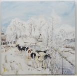 Indistinctly signed Oil on canvas depicting cows in the snow. Approx. 39" x 39" Please Note - we