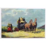 20th century, Oil on canvas board, A landscape scene with figures in horse drawn carriages /