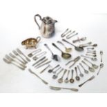 Assorted items to include three Parker pens, silver plated wares, wine labels etc. Together with two