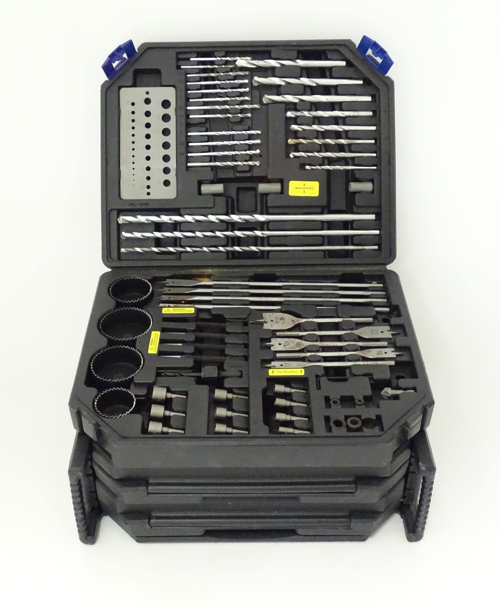 A Westfalia drill bit compendium, the fitted expanding case containing masonry and carpentry drill