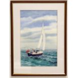 A watercolour depicting a couple in a sailing boat titled Blue Mist RNSA WSC off the coast of