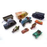 Toys: A quantity of assorted toys to include two Continental tinplate cars, a Schuco Studio 1050