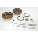 Assorted white metal and silver jewellery together with two small silver plate bottle coasters, each