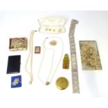 A quantity of various pearls necklaces, a silver plate belt, assorted compacts, etc. Please Note -