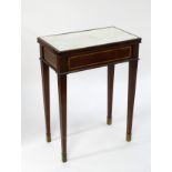 A late 20thC side table with an inset panel to the top above a panted frieze and raised on four
