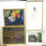 Four oil paintings to include Spring Valley Mill Ardleigh by Vera Joy, an Oriental style sunset with