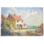 Leslie Ellis, 20th century, Oil on canvas laid on board, Fishing village with cottages, flowers