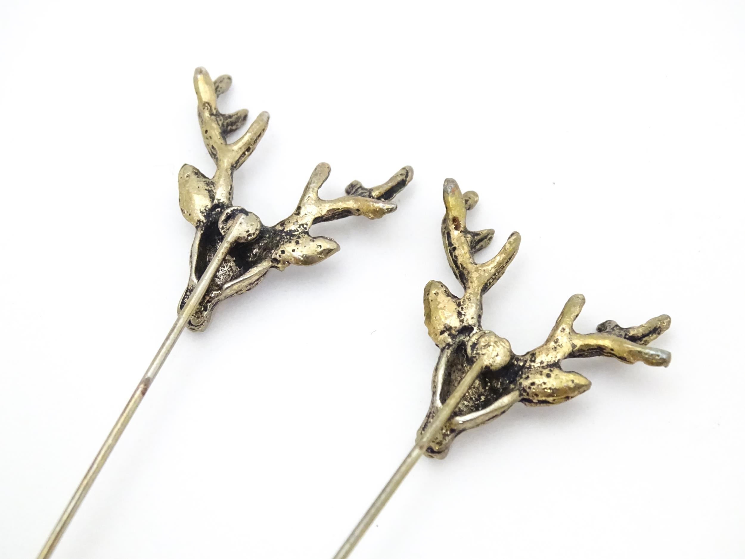 Five assorted yellow and white metal stick pins to include two decorated with stag head detail, - Image 9 of 11