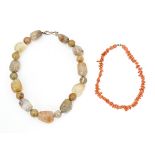 A coral bead choker / anklet approx 12" long together with a hardstone bead necklace approx 16" long