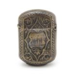 A Victorian silver vesta case with engraved decoration. Maker Hillard & Thomason 1 1/2" high
