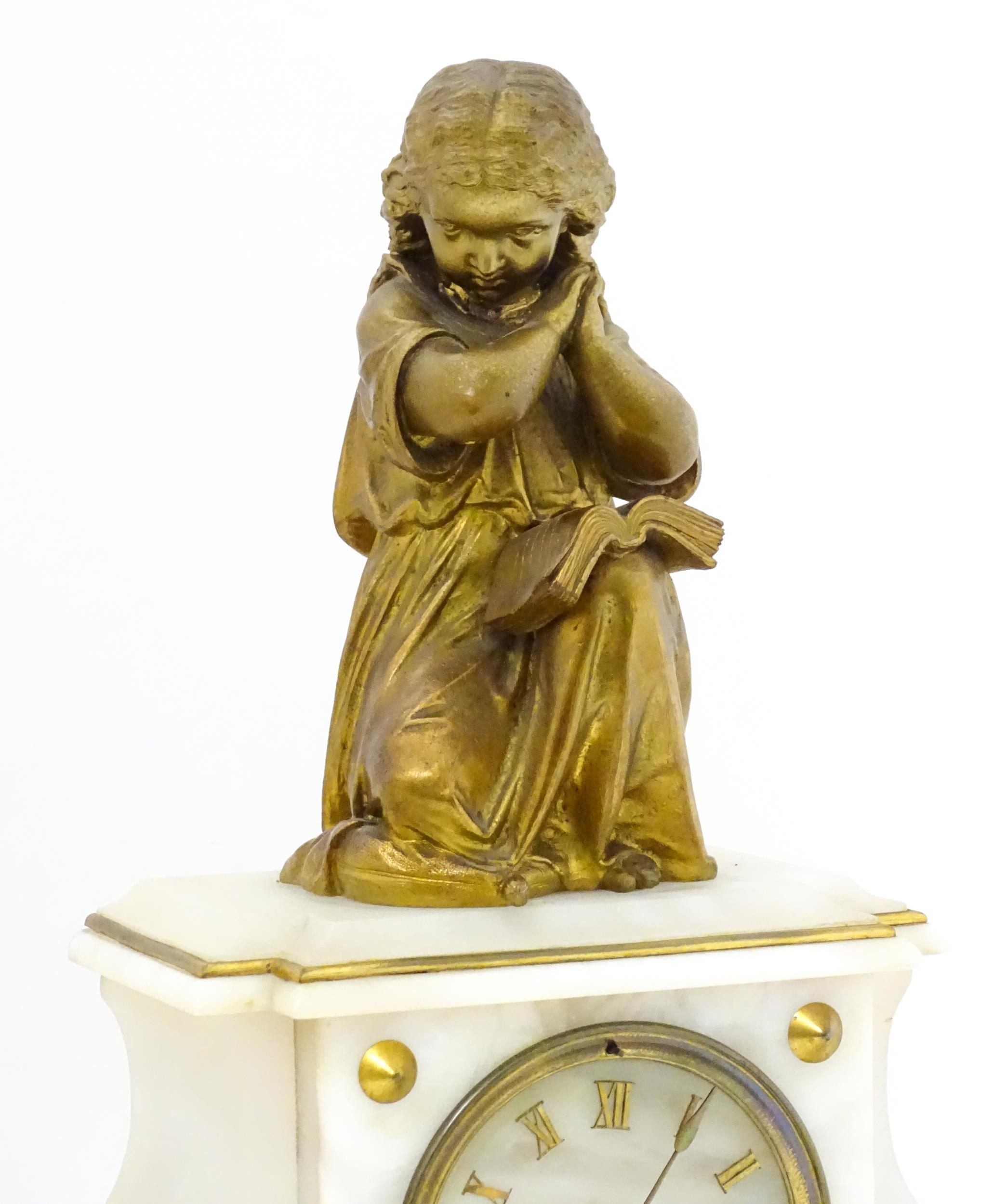 A French Japy Freres mantle clock, the alabaster base with gilt Roman Numerals, surmounted by a cast - Image 4 of 9