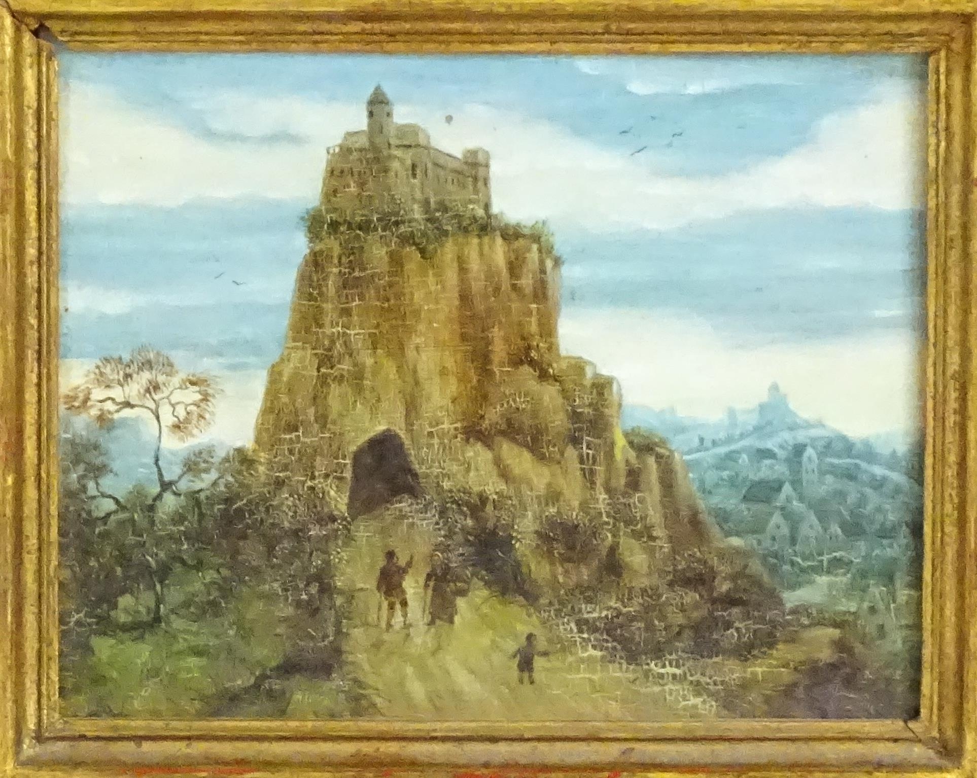 19th century, Oil on board, Continental School, A landscape with figures on a path approaching a - Image 3 of 3