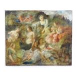 19th century, Oil on canvas, Studies of maidens and putti. Indistinctly signed in red lower left.