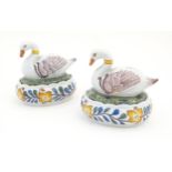 Two French Quimper style faience pot and covers modelled as swans. Marked under. Approx. 4 1/2" high