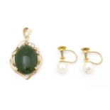 A yellow metal pendant set with green stone cabochon. Together with a pair of 9ct gold pearl