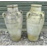 Two garden stoneware amphora style urns / planters, each approx 31" tall Please Note - we do not