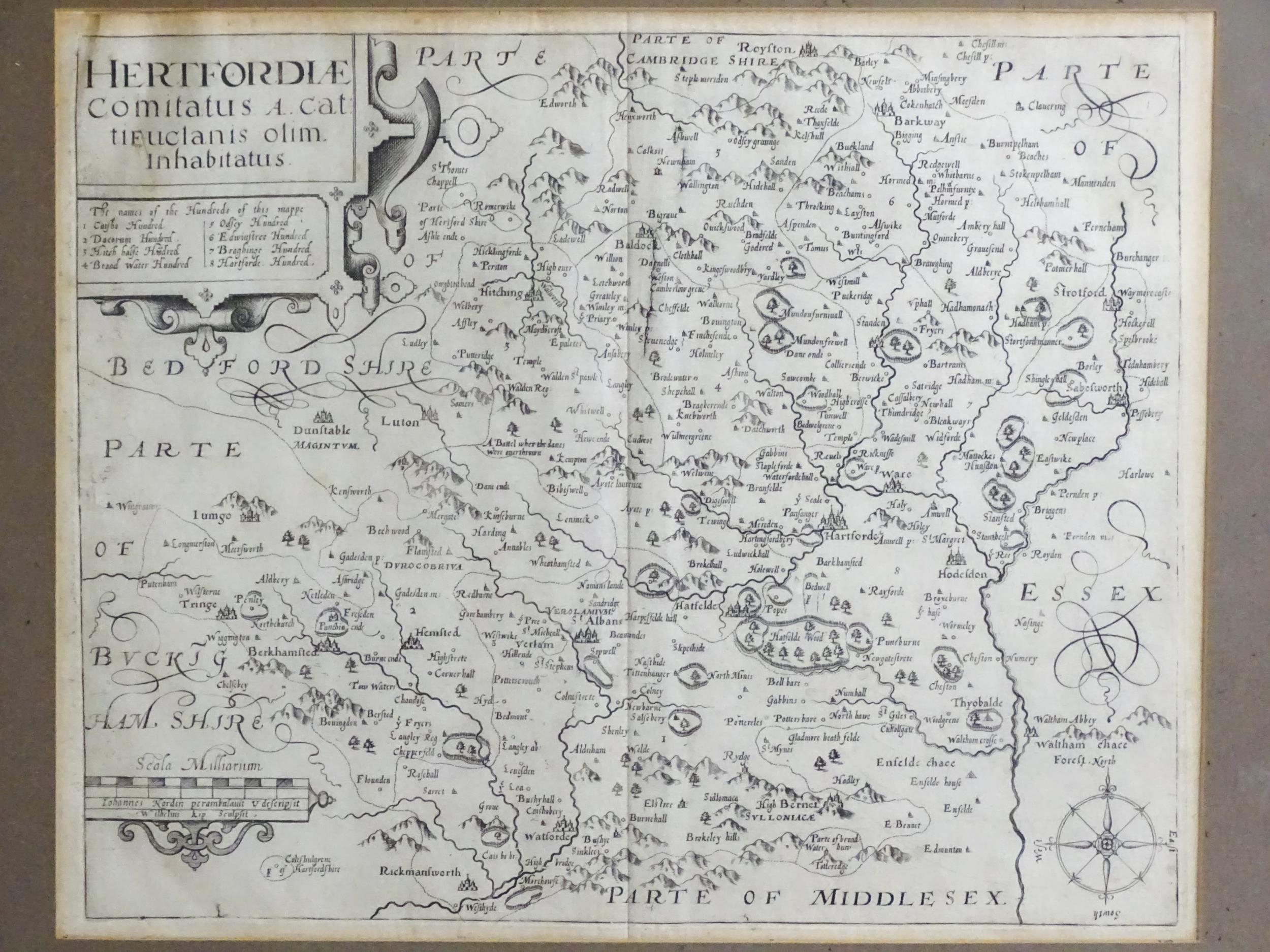 Map: A 16thC map of Hertfordshire (Hertfordiae Comitatus) after William Kip (act. 1598-1635), from - Bild 4 aus 7