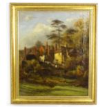 Early 20th century, English School, Oil on canvas, A wooded village scene with washing on the